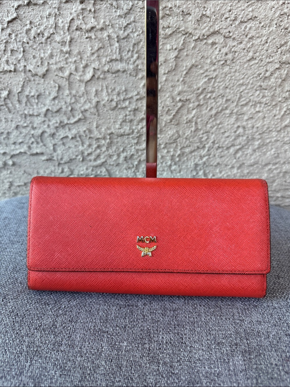 MCM Red Saffiano Leather Continental Wallet with Gold Logo